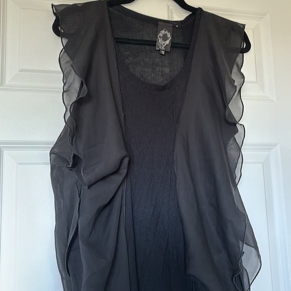 Black sleeveless top. Knit with chiffon ruffles. - Picture 2 of 4